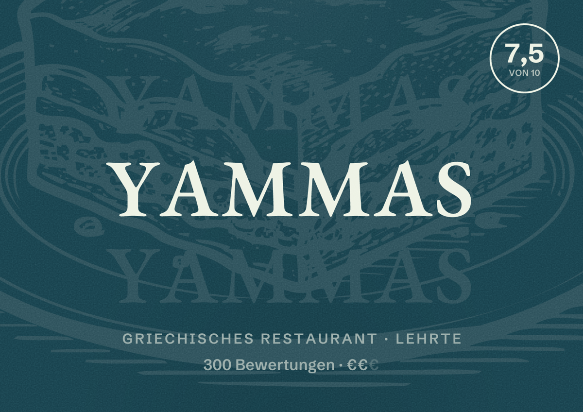 Illustriertes Poster von Yammas, Griechisches Restaurant in Lehrte: Bewertung 7,5 von 10 aus 300 Bewertungen, Preisniveau €€