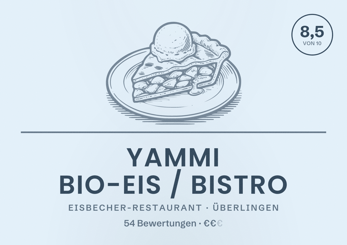 Illustriertes Poster von Yammi Bio-Eis / Bistro, Eisbecher-Restaurant in Überlingen: Bewertung 8,5 von 10 aus 54 Bewertungen, Preisniveau €€