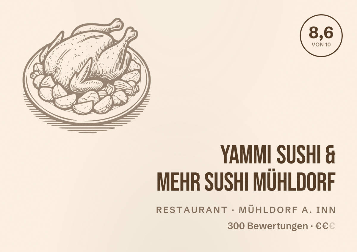 Illustriertes Poster von Yammi Sushi & mehr Sushi Mühldorf, Restaurant in Mühldorf a. Inn: Bewertung 8,6 von 10 aus 300 Bewertungen, Preisniveau €€