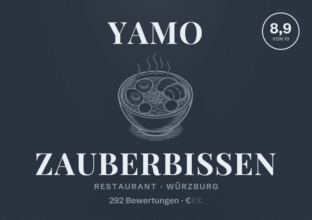 Illustriertes Poster von Yamo Zauberbissen, Restaurant in Würzburg: Bewertung 8,9 von 10 aus 292 Bewertungen, Preisniveau €