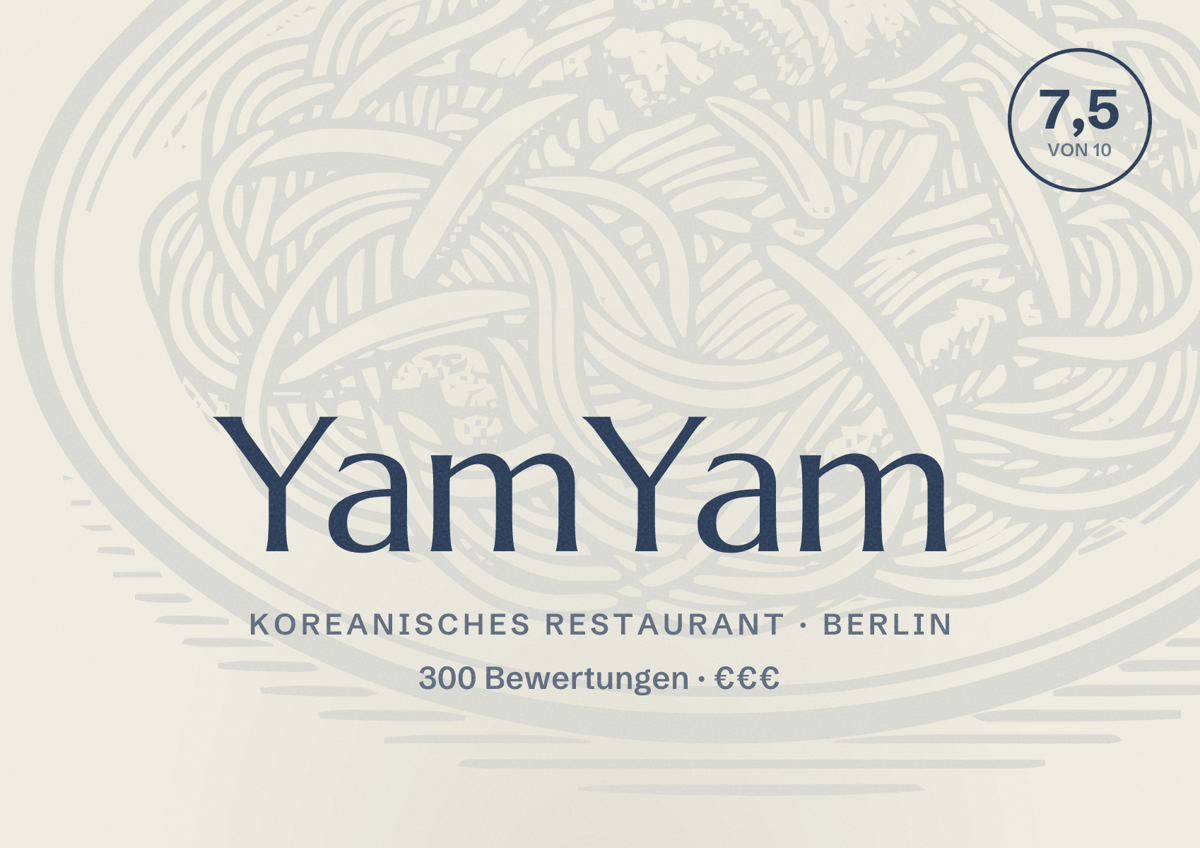 Illustriertes Poster von YamYam, Koreanisches Restaurant in Berlin: Bewertung 7,5 von 10 aus 300 Bewertungen, Preisniveau €€€