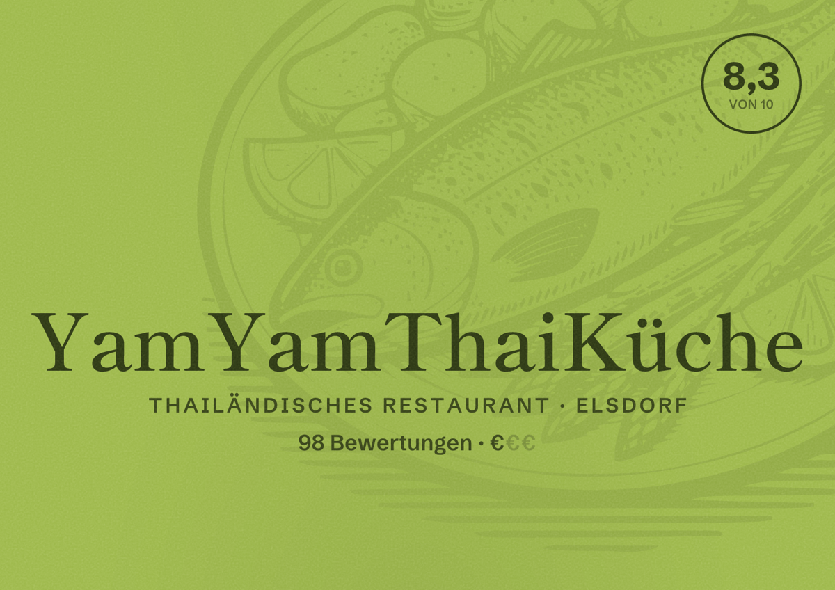 Illustriertes Poster von YamYamThaiKüche, Thailändisches Restaurant in Elsdorf: Bewertung 8,3 von 10 aus 98 Bewertungen, Preisniveau €