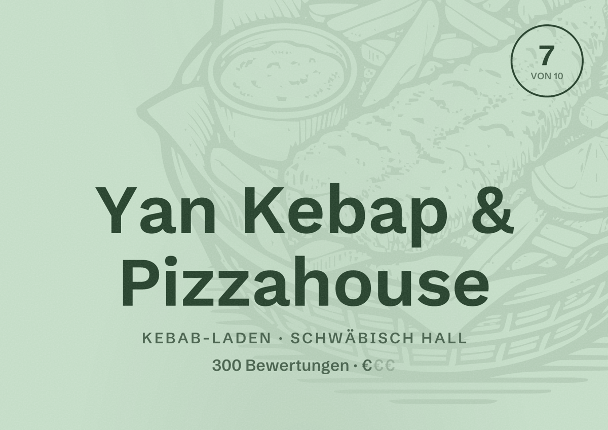 Illustriertes Poster von Yan Kebap & Pizzahouse, Kebab-Laden in Schwäbisch Hall: Bewertung 7 von 10 aus 300 Bewertungen, Preisniveau €