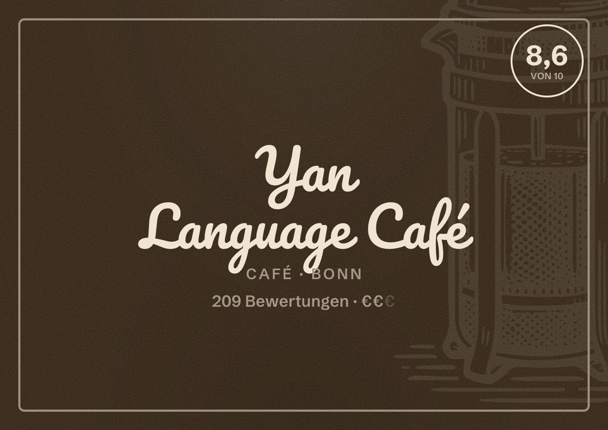 Illustriertes Poster von Yan Language Café, Café in Bonn: Bewertung 8,6 von 10 aus 209 Bewertungen, Preisniveau €€