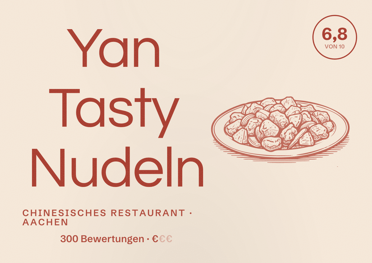 Illustriertes Poster von Yan Tasty Nudeln, Chinesisches Restaurant in Aachen: Bewertung 6,8 von 10 aus 300 Bewertungen, Preisniveau €