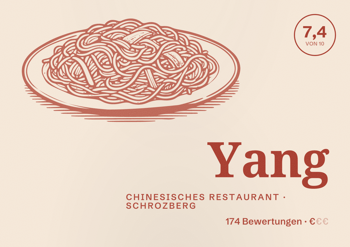 Illustriertes Poster von Yang, Chinesisches Restaurant in Schrozberg: Bewertung 7,4 von 10 aus 174 Bewertungen, Preisniveau €