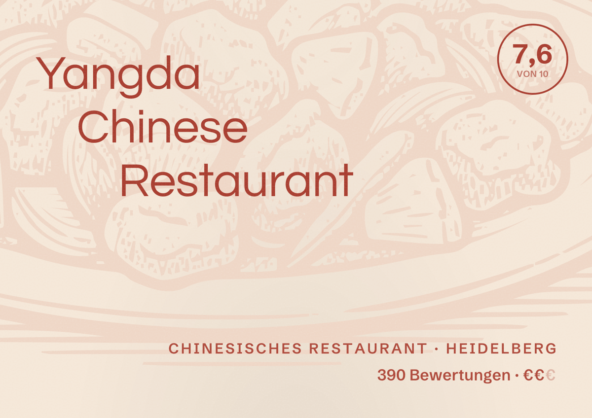 Illustriertes Poster von Yangda Chinese Restaurant, Chinesisches Restaurant in Heidelberg: Bewertung 7,6 von 10 aus 390 Bewertungen, Preisniveau €€