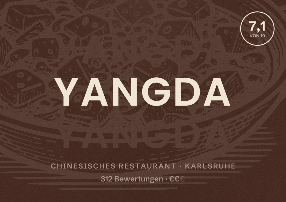 Illustriertes Poster von Yangda, Chinesisches Restaurant in Karlsruhe: Bewertung 7,1 von 10 aus 312 Bewertungen, Preisniveau €€