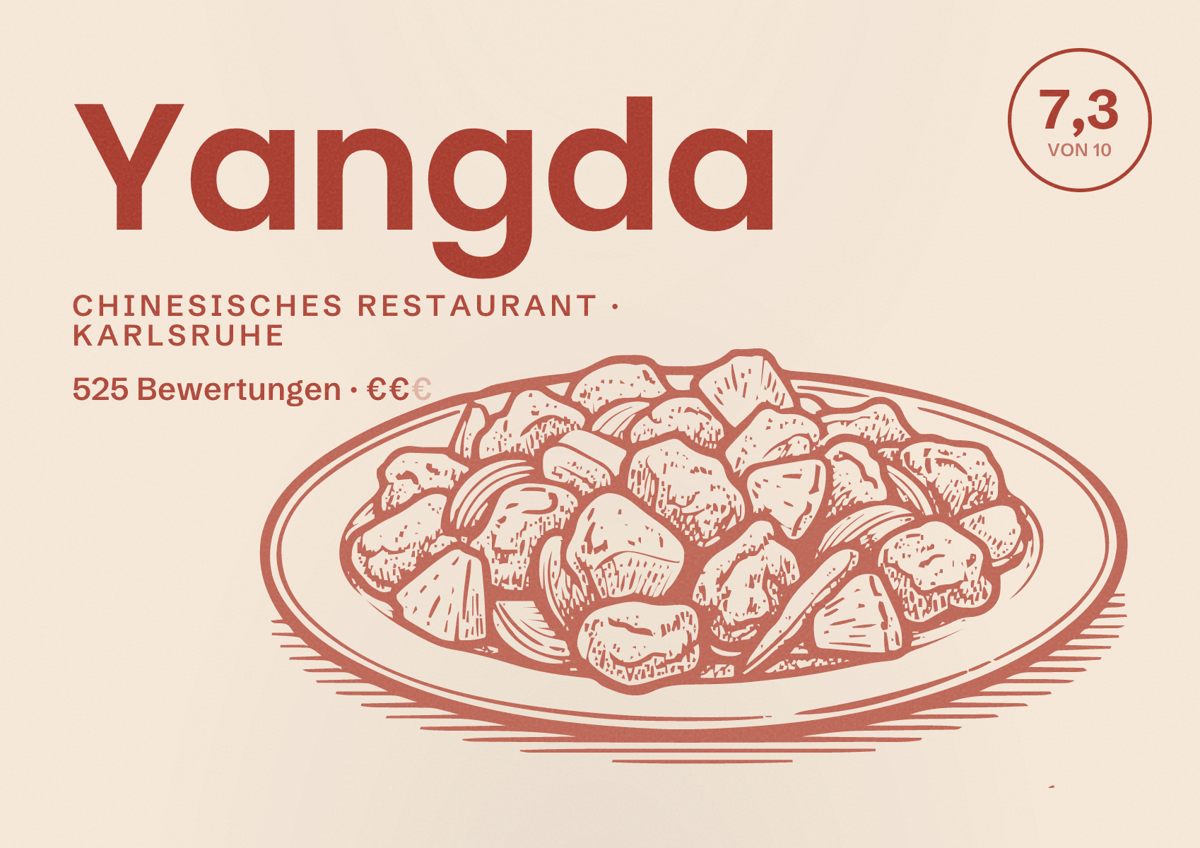Illustriertes Poster von Yangda, Chinesisches Restaurant in Karlsruhe: Bewertung 7,3 von 10 aus 525 Bewertungen, Preisniveau €€