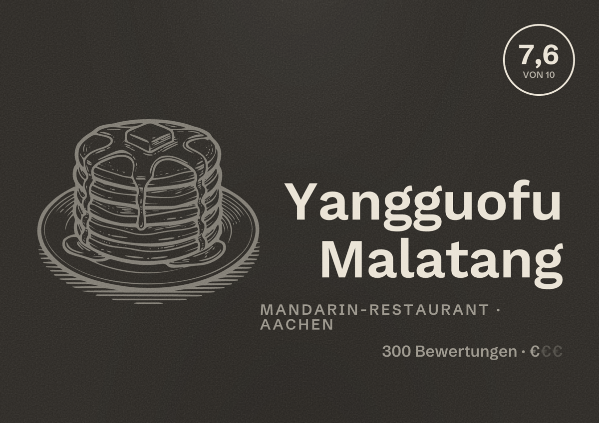 Illustriertes Poster von Yangguofu Malatang, Mandarin-Restaurant in Aachen: Bewertung 7,6 von 10 aus 300 Bewertungen, Preisniveau €