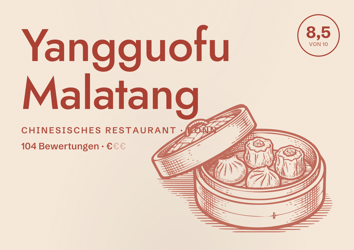 Illustriertes Poster von Yangguofu Malatang, Chinesisches Restaurant in Bonn: Bewertung 8,5 von 10 aus 104 Bewertungen, Preisniveau €
