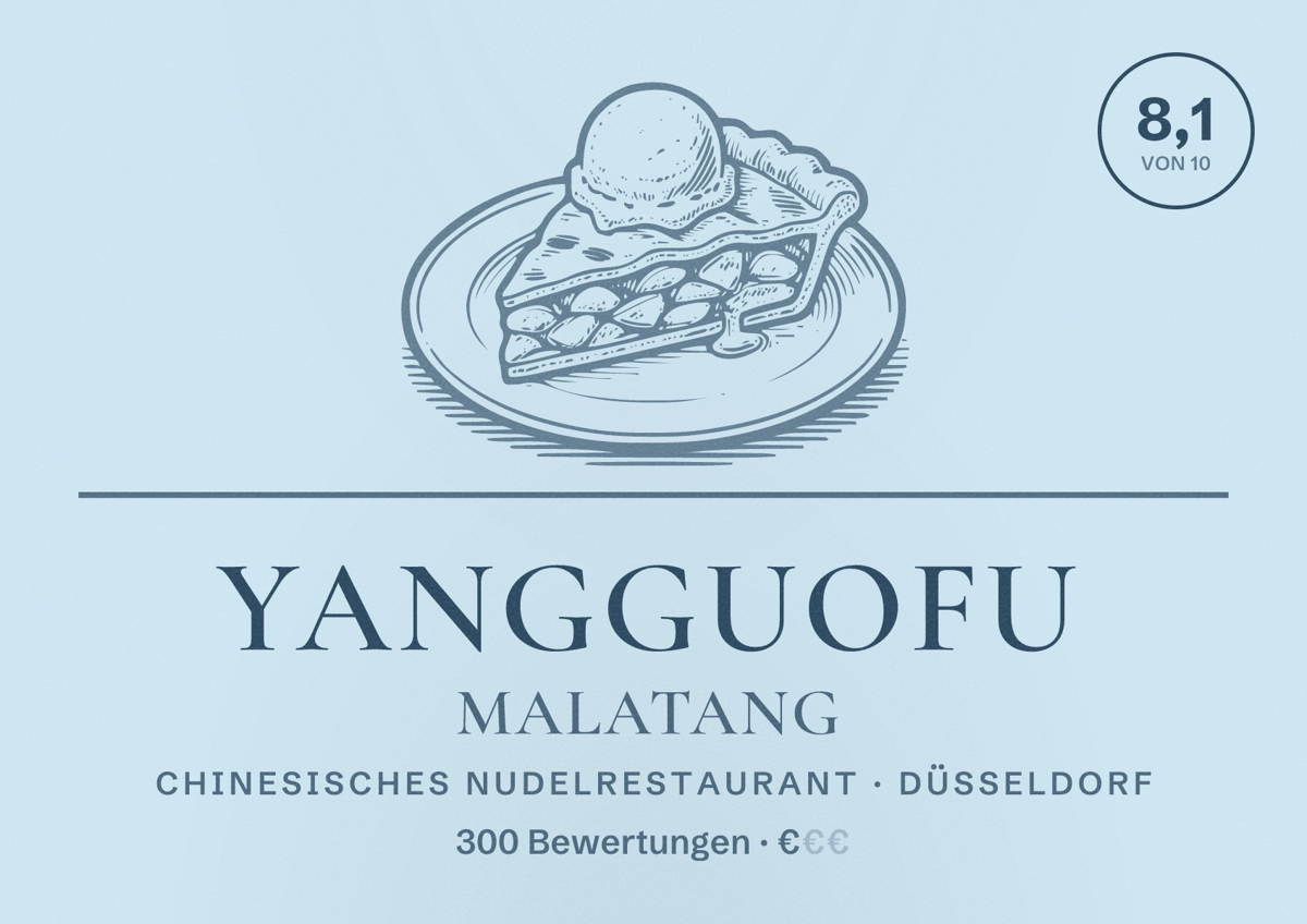 Illustriertes Poster von Yangguofu Malatang, Chinesisches Nudelrestaurant in Düsseldorf: Bewertung 8,1 von 10 aus 300 Bewertungen, Preisniveau €