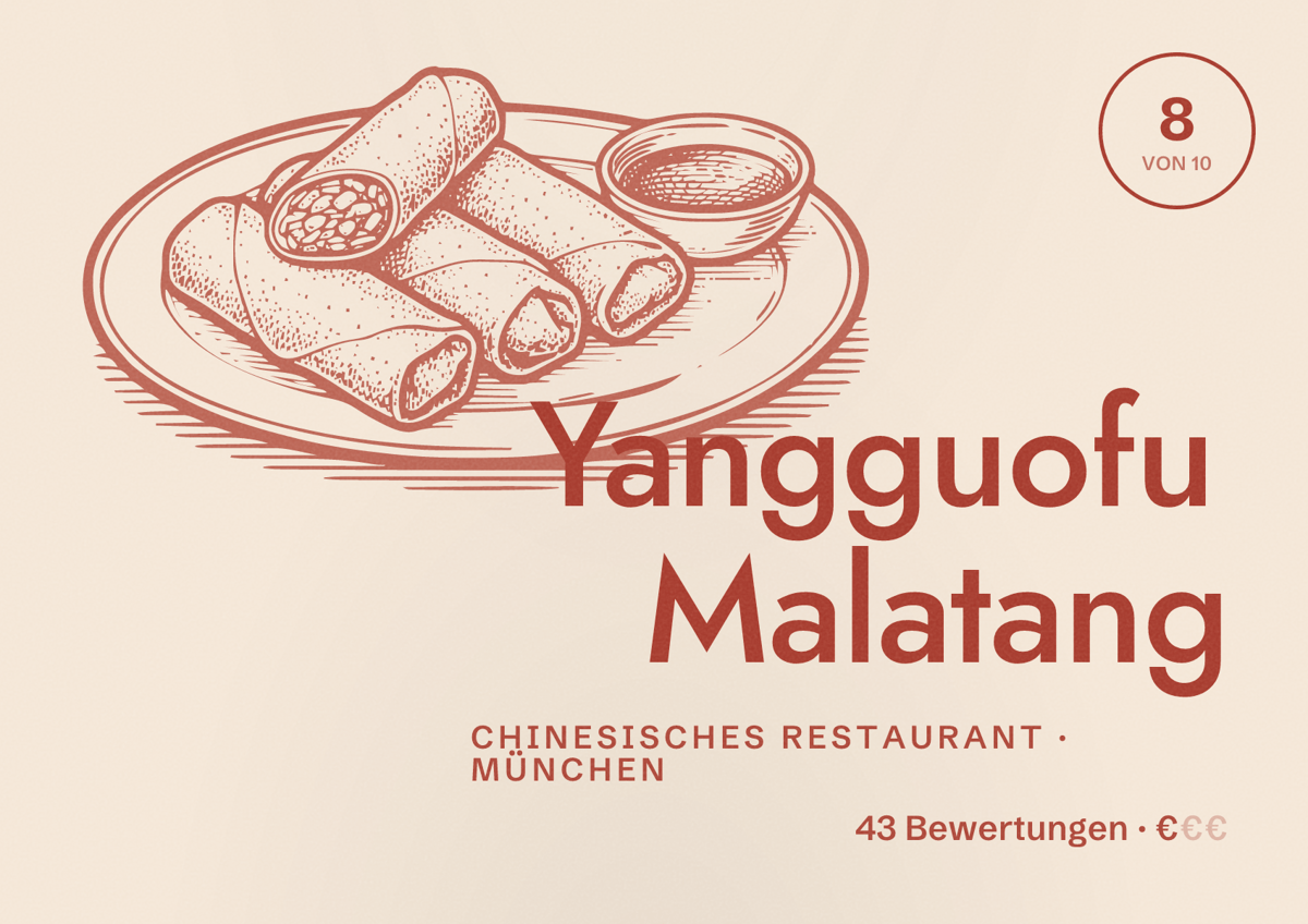 Illustriertes Poster von Yangguofu Malatang, Chinesisches Restaurant in München: Bewertung 8 von 10 aus 43 Bewertungen, Preisniveau €