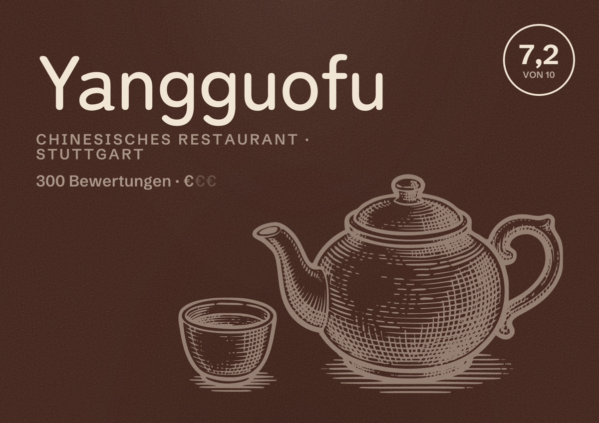 Illustriertes Poster von Yangguofu, Chinesisches Restaurant in Stuttgart: Bewertung 7,2 von 10 aus 300 Bewertungen, Preisniveau €
