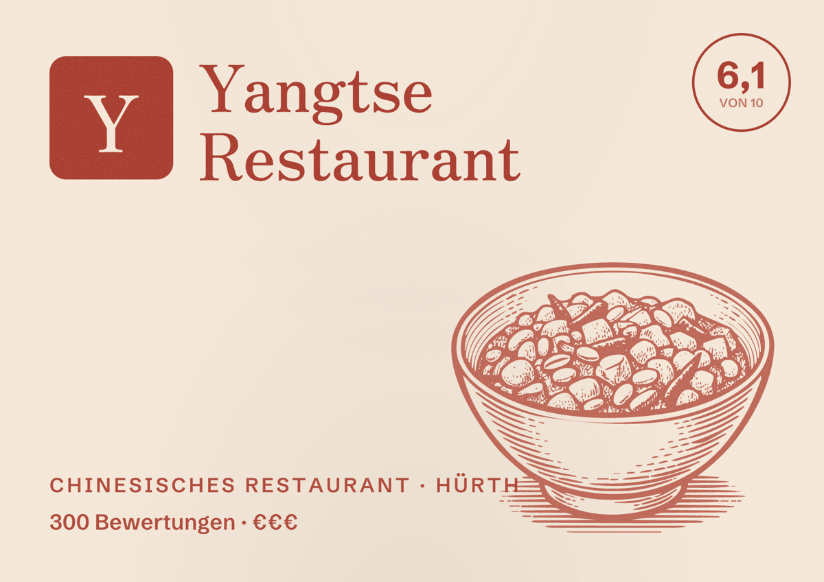 Illustriertes Poster von Yangtse Restaurant, Chinesisches Restaurant in Hürth: Bewertung 6,1 von 10 aus 300 Bewertungen, Preisniveau €€€