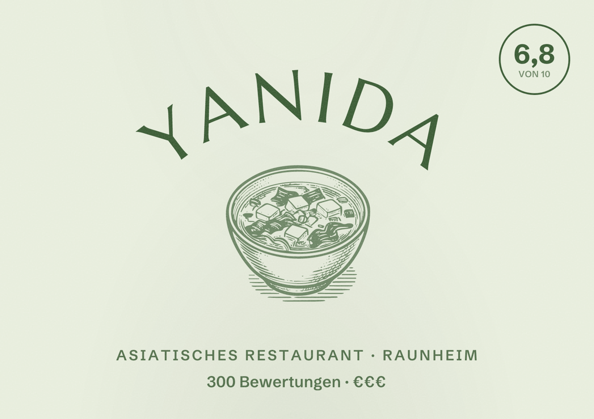 Illustriertes Poster von Yanida, Asiatisches Restaurant in Raunheim: Bewertung 6,8 von 10 aus 300 Bewertungen, Preisniveau €€€