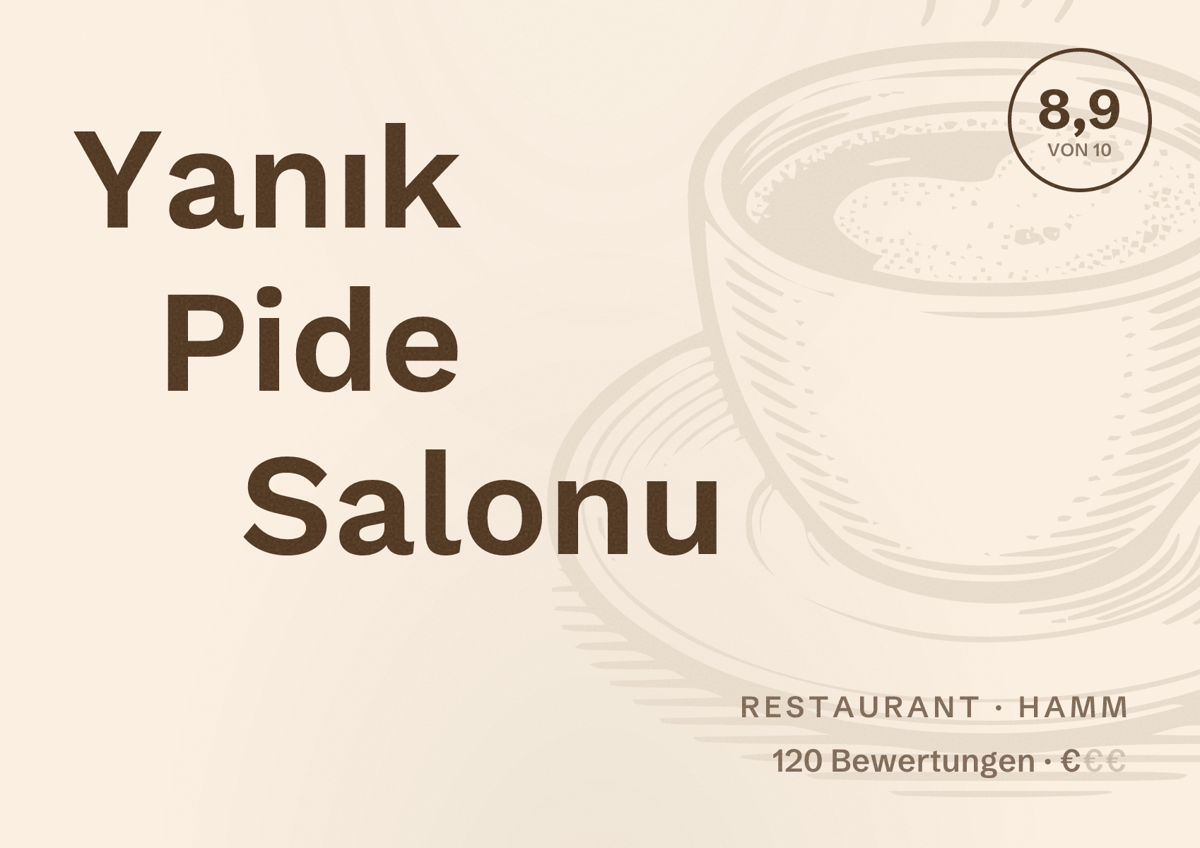 Illustriertes Poster von Yanık Pide Salonu, Restaurant in Hamm: Bewertung 8,9 von 10 aus 120 Bewertungen, Preisniveau €