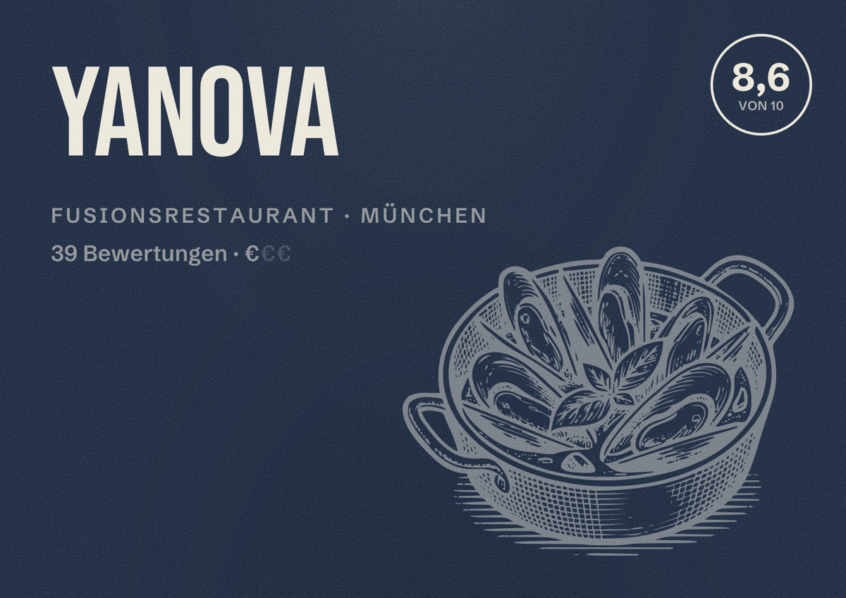 Illustriertes Poster von Yanova, Fusionsrestaurant in München: Bewertung 8,6 von 10 aus 39 Bewertungen, Preisniveau €