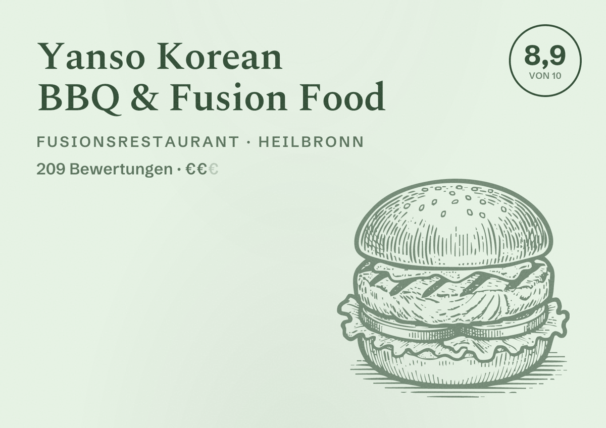 Illustriertes Poster von Yanso Korean BBQ & Fusion Food, Fusionsrestaurant in Heilbronn: Bewertung 8,9 von 10 aus 209 Bewertungen, Preisniveau €€