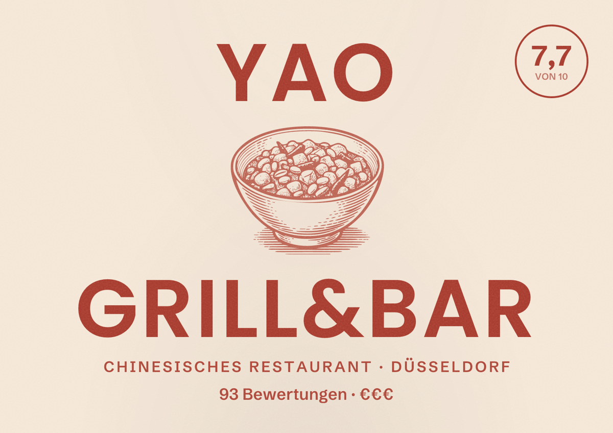Illustriertes Poster von Yao Grill&Bar, Chinesisches Restaurant in Düsseldorf: Bewertung 7,7 von 10 aus 93 Bewertungen, Preisniveau €€€
