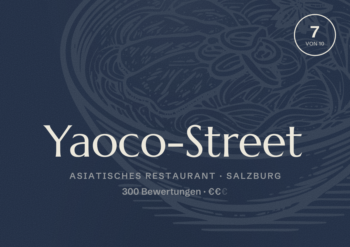 Illustriertes Poster von Yaoco-Street, Asiatisches Restaurant in Salzburg: Bewertung 7 von 10 aus 300 Bewertungen, Preisniveau €€