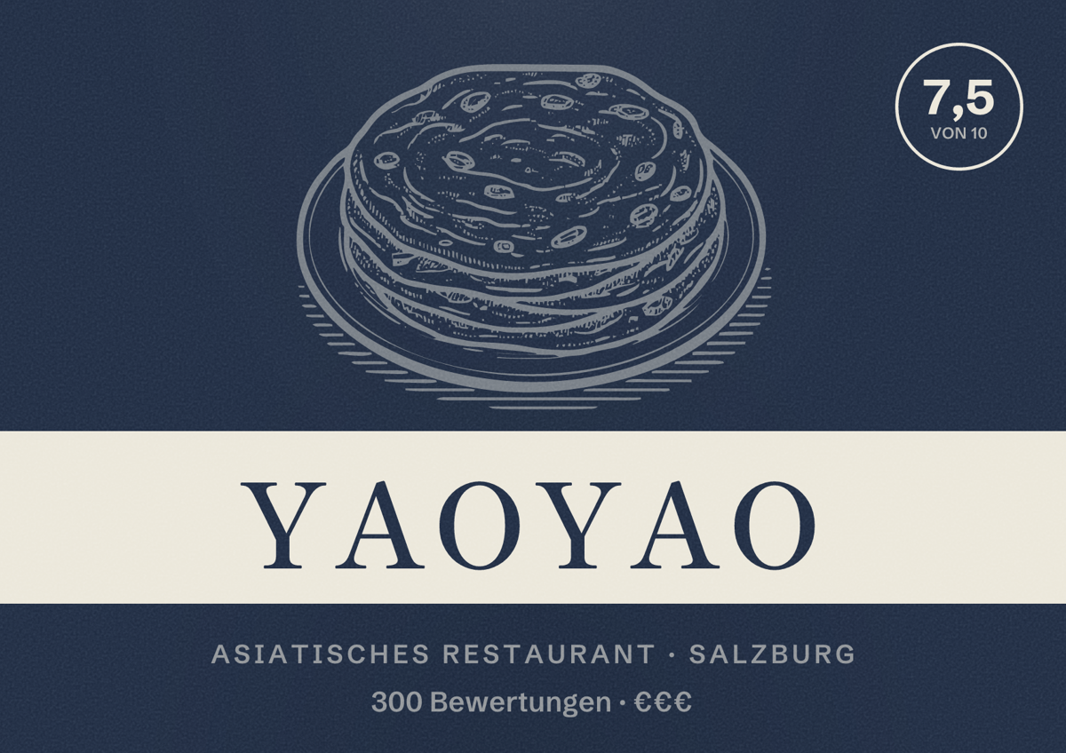 Illustriertes Poster von Yaoyao, Asiatisches Restaurant in Salzburg: Bewertung 7,5 von 10 aus 300 Bewertungen, Preisniveau €€€