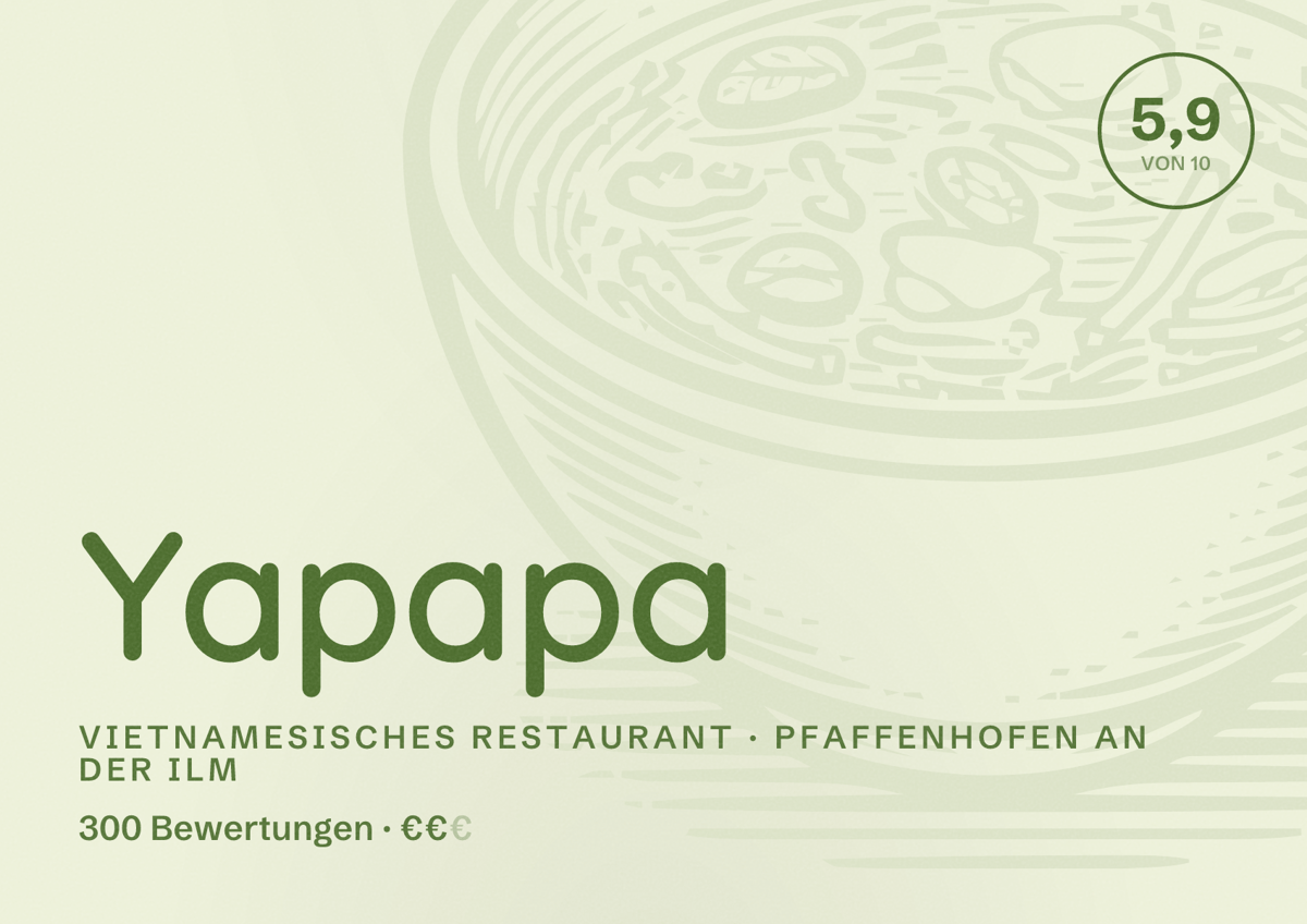 Illustriertes Poster von Yapapa, Vietnamesisches Restaurant in Pfaffenhofen an der Ilm: Bewertung 5,9 von 10 aus 300 Bewertungen, Preisniveau €€