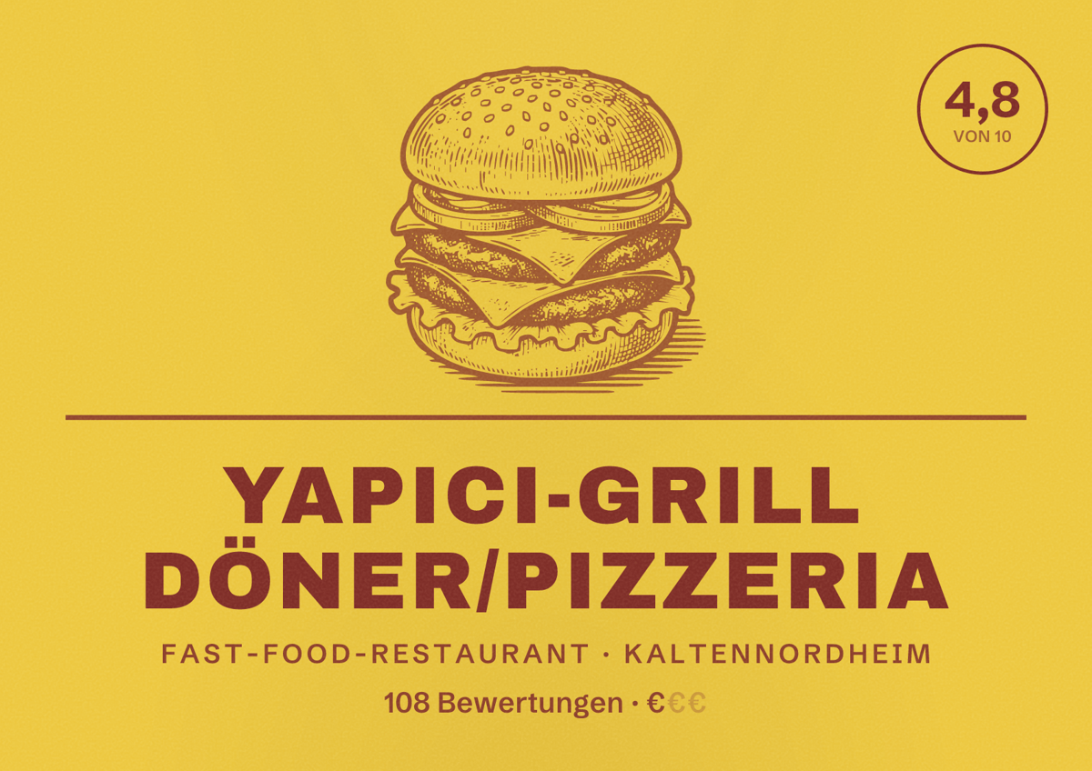 Illustriertes Poster von Yapici-Grill Döner/Pizzeria, Fast-Food-Restaurant in Kaltennordheim: Bewertung 4,8 von 10 aus 108 Bewertungen, Preisniveau €