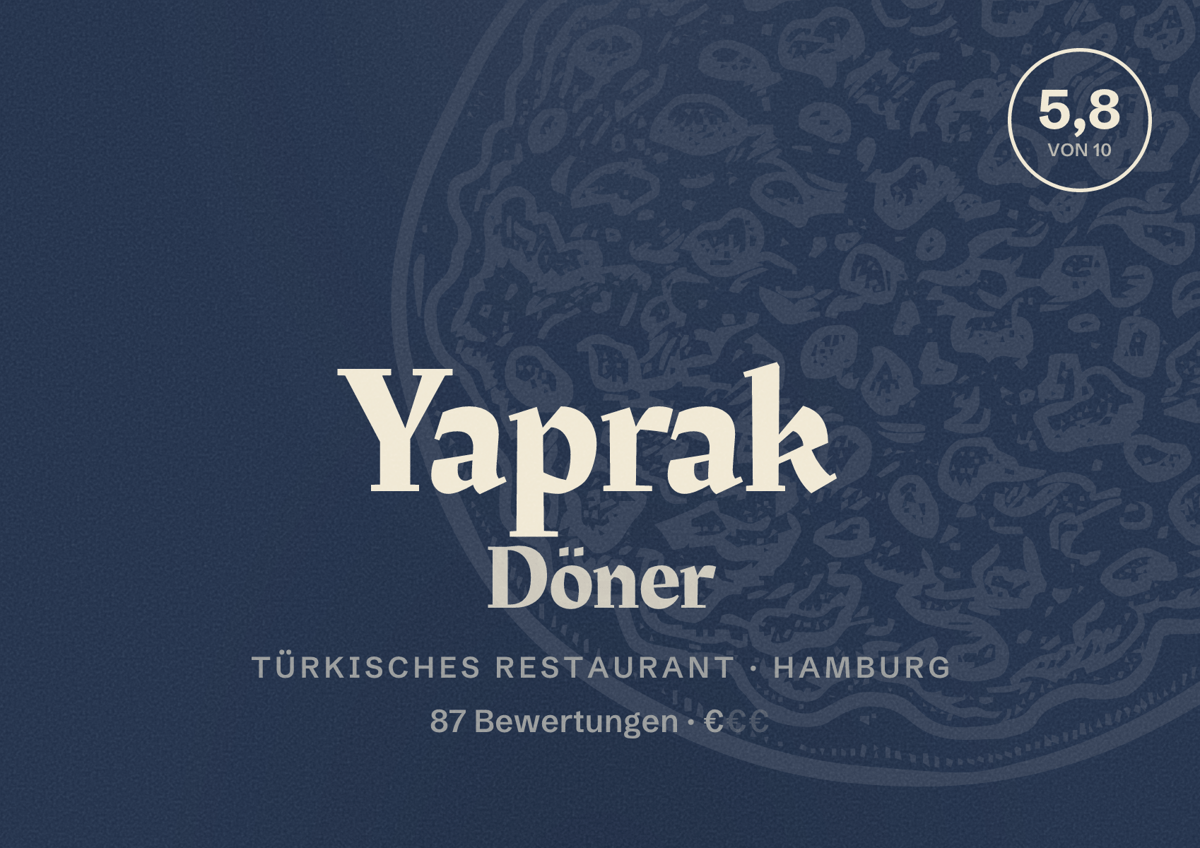 Illustriertes Poster von Yaprak Döner, Türkisches Restaurant in Hamburg: Bewertung 5,8 von 10 aus 87 Bewertungen, Preisniveau €