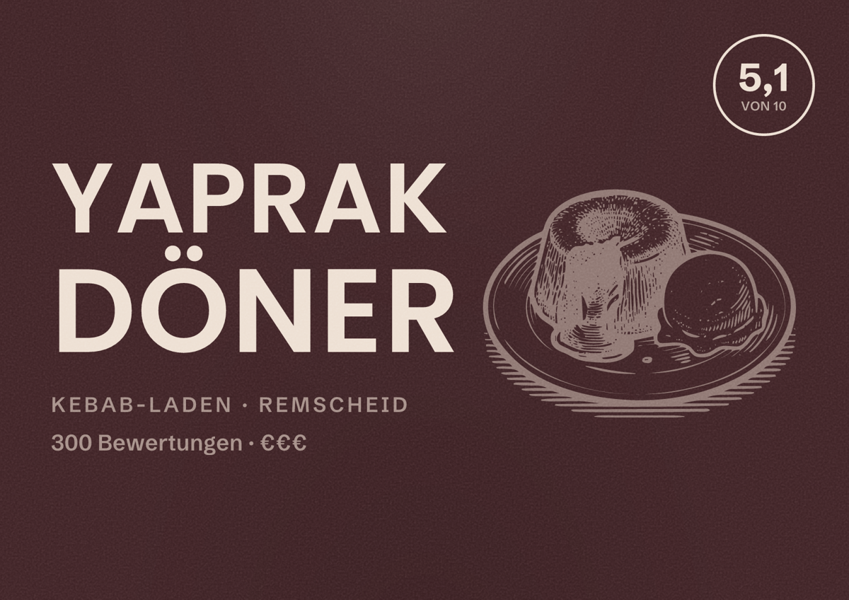 Illustriertes Poster von Yaprak Döner, Kebab-Laden in Remscheid: Bewertung 5,1 von 10 aus 300 Bewertungen, Preisniveau €€€