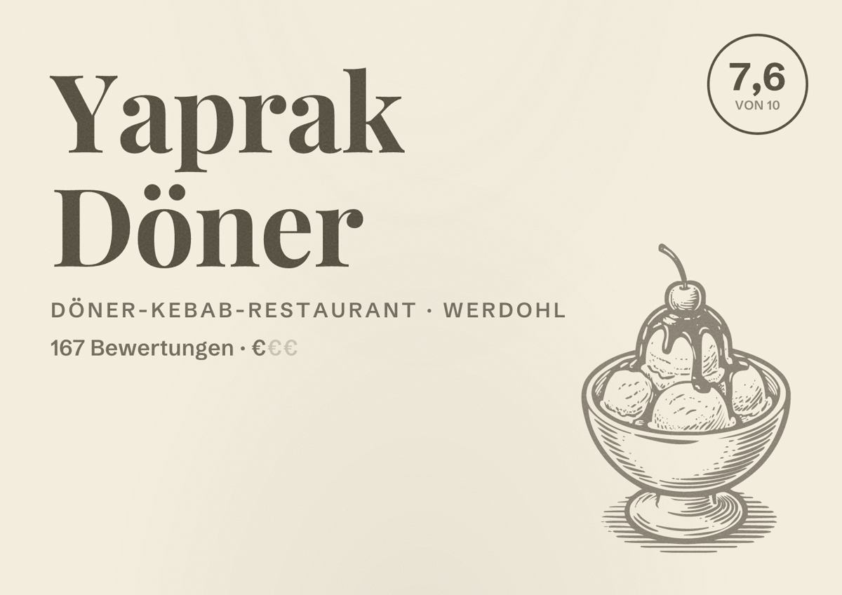 Illustriertes Poster von Yaprak Döner, Döner-Kebab-Restaurant in Werdohl: Bewertung 7,6 von 10 aus 167 Bewertungen, Preisniveau €
