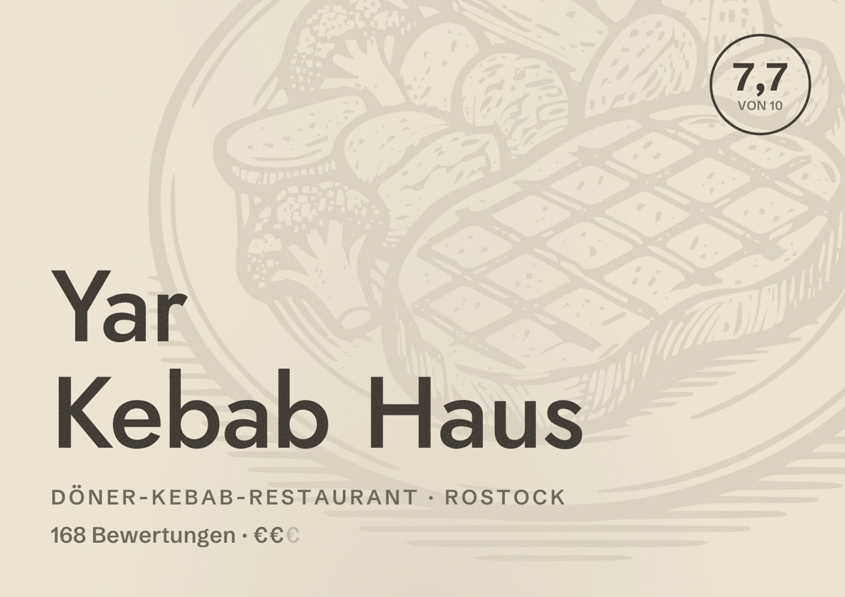 Illustriertes Poster von Yar Kebab Haus, Döner-Kebab-Restaurant in Rostock: Bewertung 7,7 von 10 aus 168 Bewertungen, Preisniveau €€