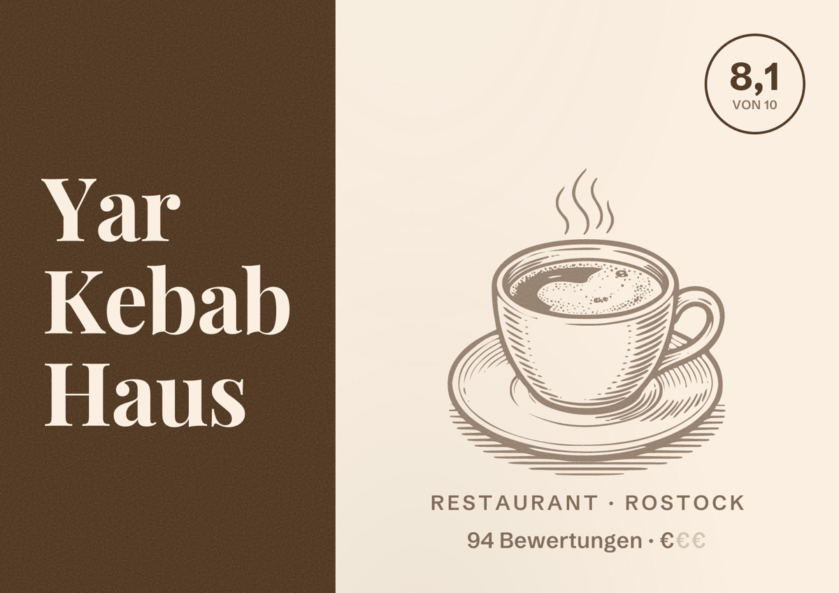 Illustriertes Poster von Yar Kebab Haus, Restaurant in Rostock: Bewertung 8,1 von 10 aus 94 Bewertungen, Preisniveau €
