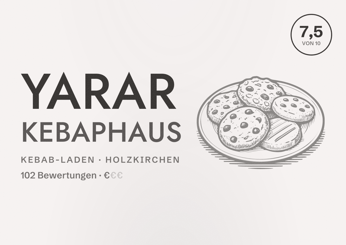 Illustriertes Poster von YARAR KEBAPHAUS, Kebab-Laden in Holzkirchen: Bewertung 7,5 von 10 aus 102 Bewertungen, Preisniveau €