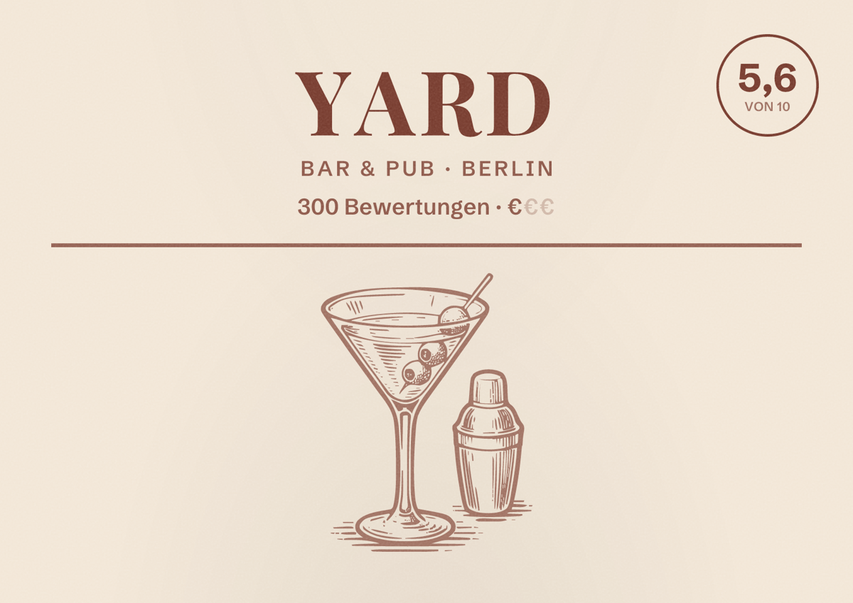 Illustriertes Poster von Yard, Bar & Pub in Berlin: Bewertung 5,6 von 10 aus 300 Bewertungen, Preisniveau €