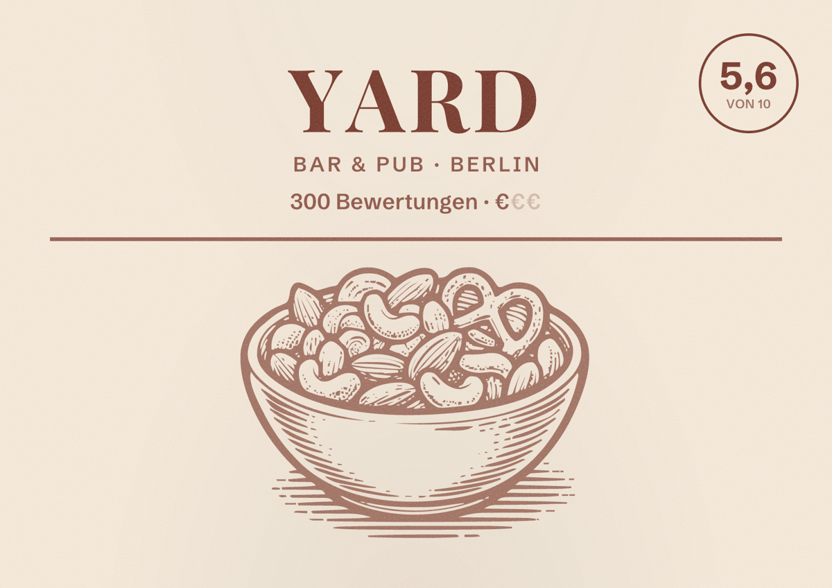 Illustriertes Poster von Yard, Bar & Pub in Berlin: Bewertung 5,6 von 10 aus 300 Bewertungen, Preisniveau €