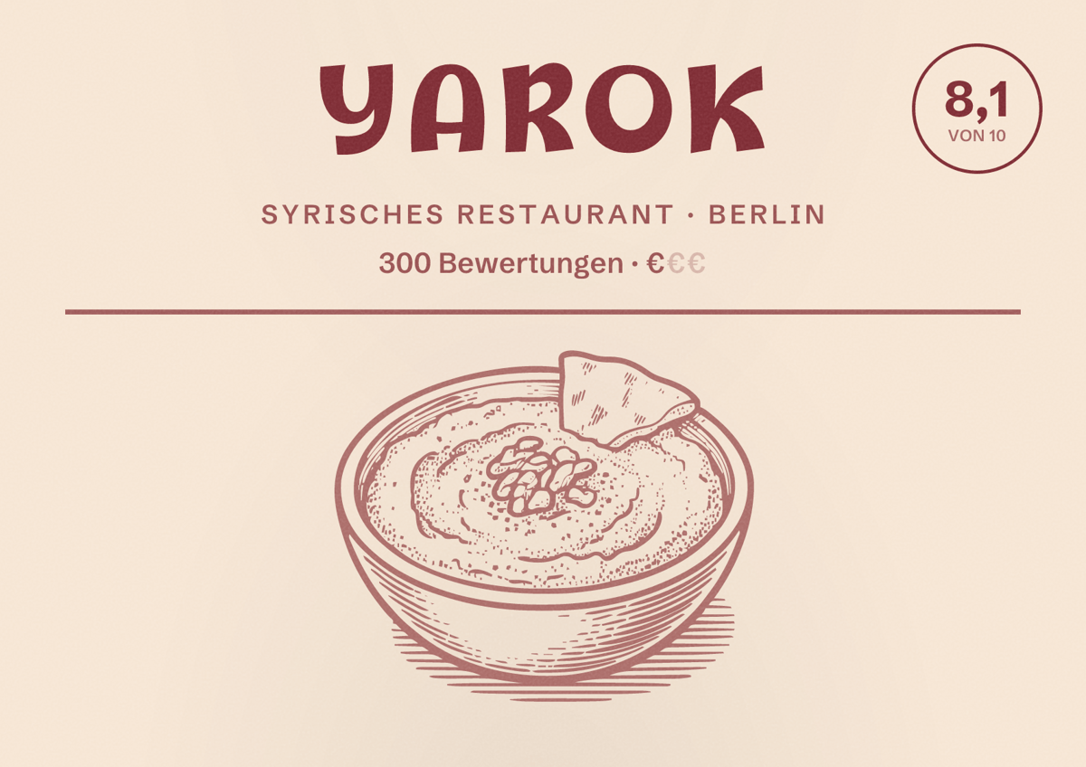 Illustriertes Poster von Yarok, Syrisches Restaurant in Berlin: Bewertung 8,1 von 10 aus 300 Bewertungen, Preisniveau €