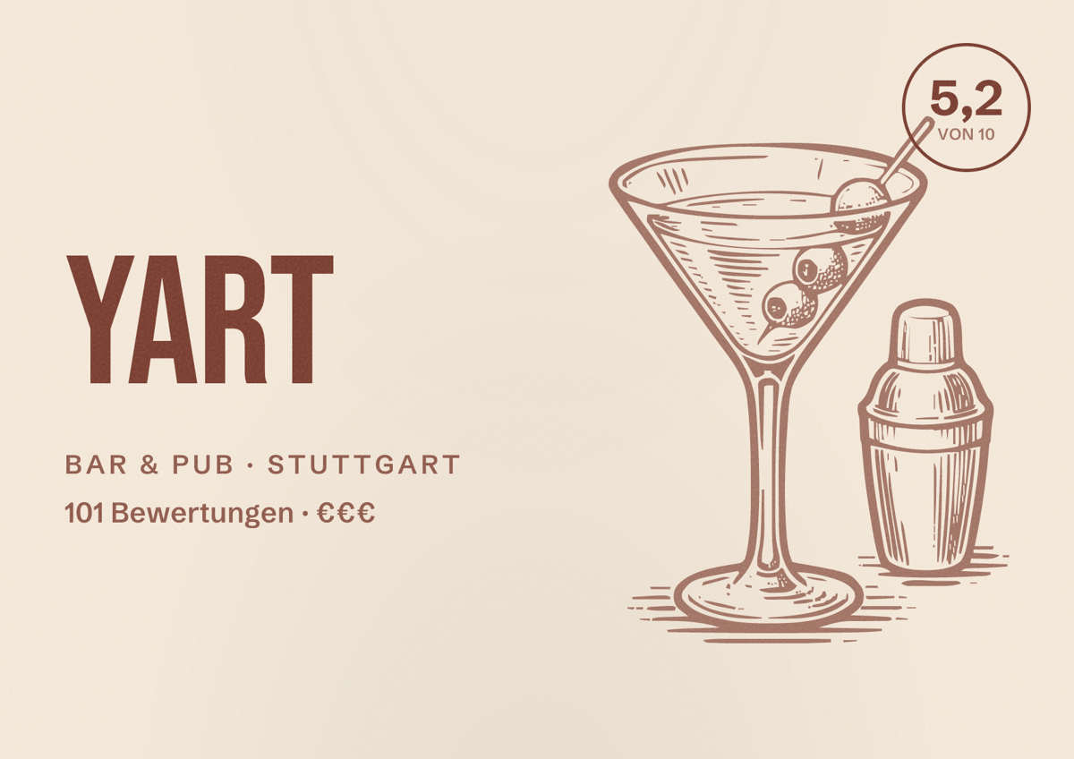 Illustriertes Poster von YART, Bar & Pub in Stuttgart: Bewertung 5,2 von 10 aus 101 Bewertungen, Preisniveau €€€