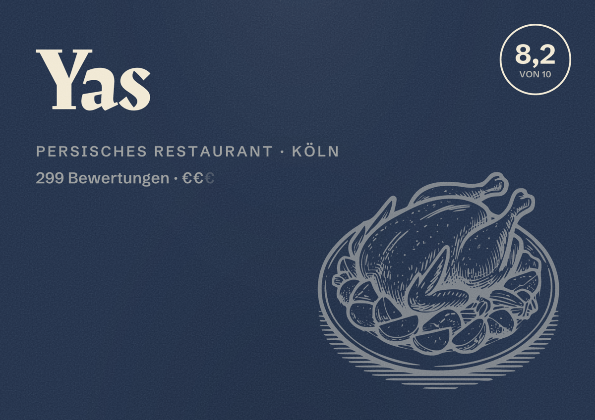 Illustriertes Poster von Yas, Persisches Restaurant in Köln: Bewertung 8,2 von 10 aus 299 Bewertungen, Preisniveau €€