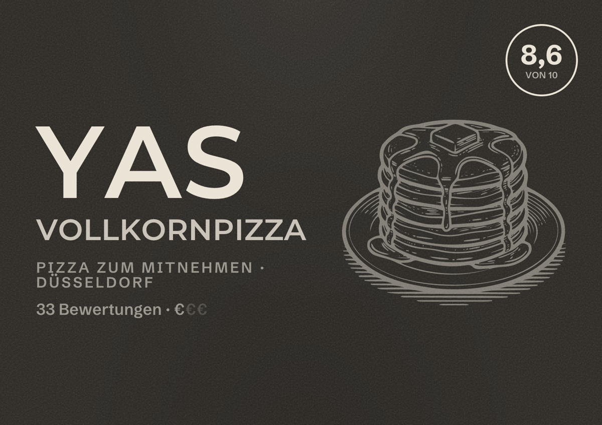 Illustriertes Poster von YAS Vollkornpizza, Pizza zum Mitnehmen in Düsseldorf: Bewertung 8,6 von 10 aus 33 Bewertungen, Preisniveau €