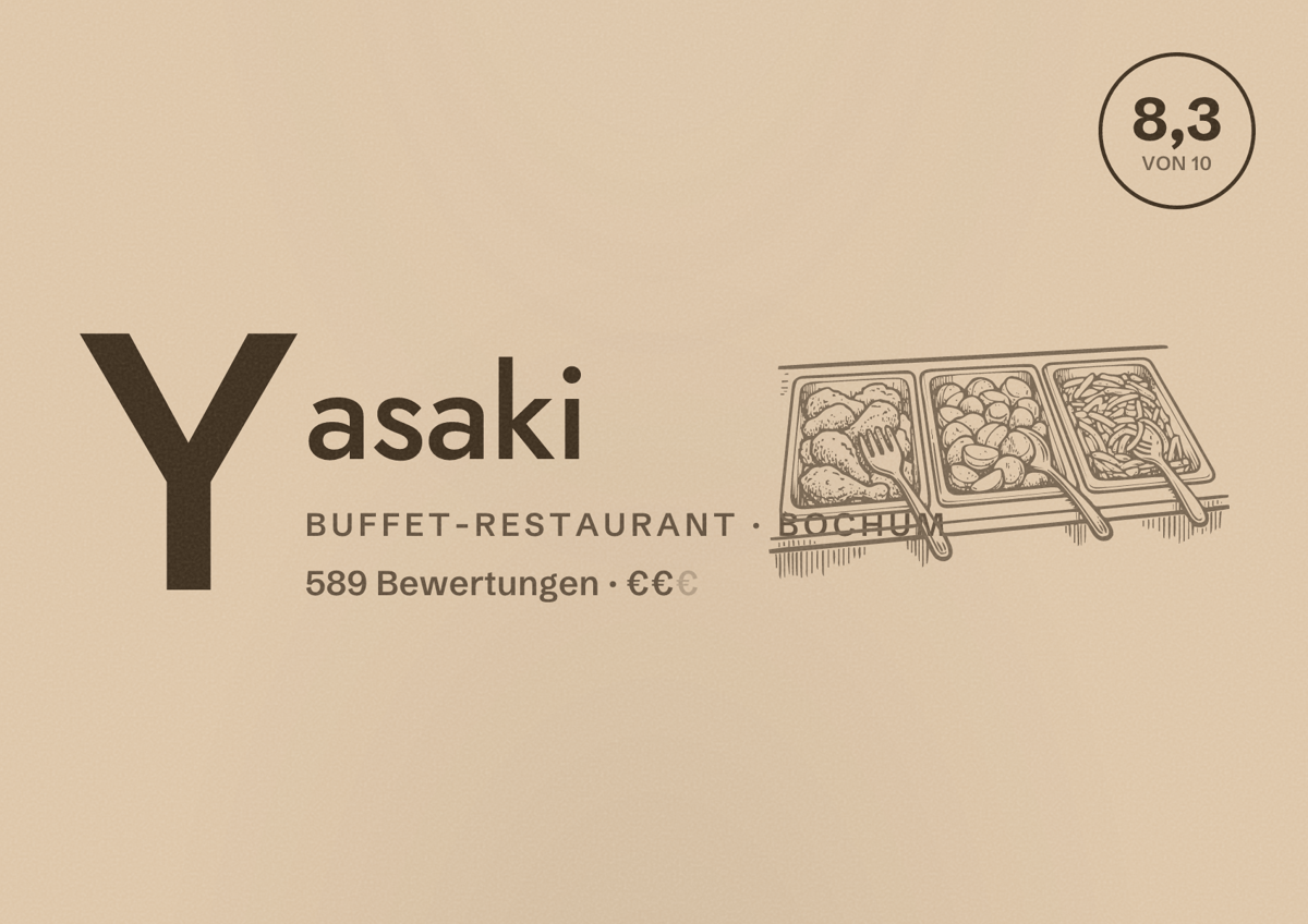 Illustriertes Poster von Yasaki, Buffet-Restaurant in Bochum: Bewertung 8,3 von 10 aus 589 Bewertungen, Preisniveau €€