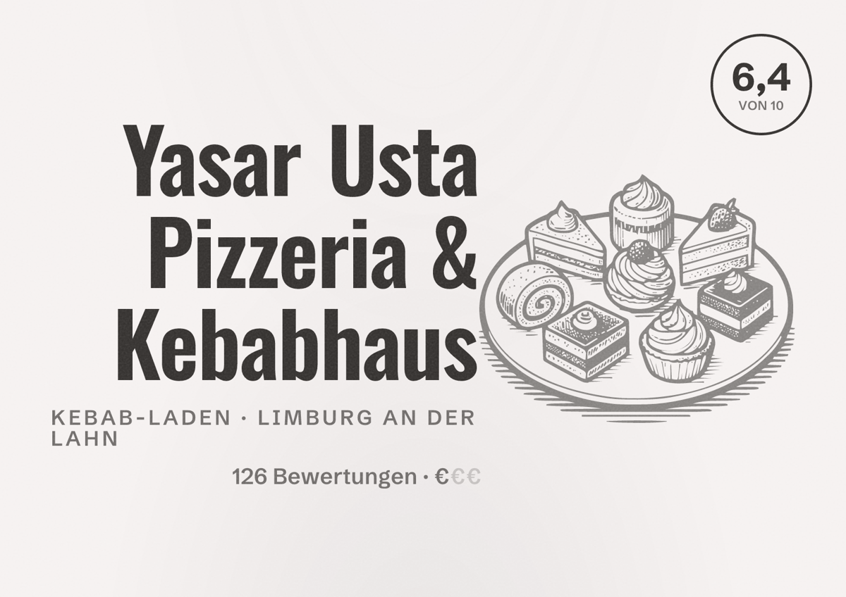 Illustriertes Poster von Yasar Usta Pizzeria & Kebabhaus, Kebab-Laden in Limburg an der Lahn: Bewertung 6,4 von 10 aus 126 Bewertungen, Preisniveau €