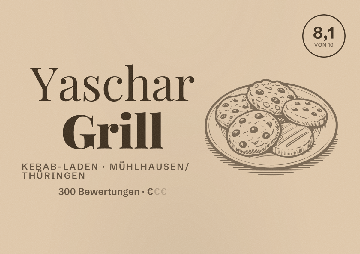 Illustriertes Poster von Yaschar Grill, Kebab-Laden in Mühlhausen/Thüringen: Bewertung 8,1 von 10 aus 300 Bewertungen, Preisniveau €