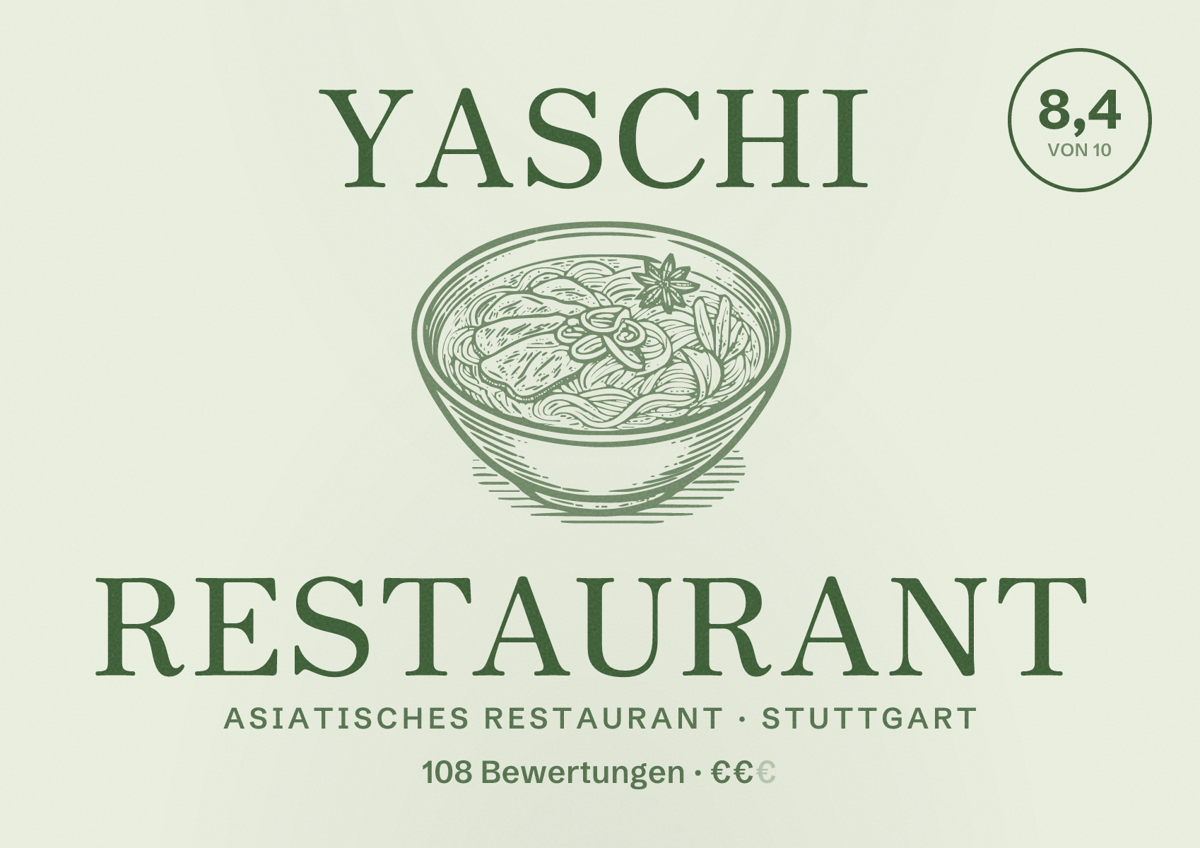 Illustriertes Poster von Yaschi Restaurant, Asiatisches Restaurant in Stuttgart: Bewertung 8,4 von 10 aus 108 Bewertungen, Preisniveau €€