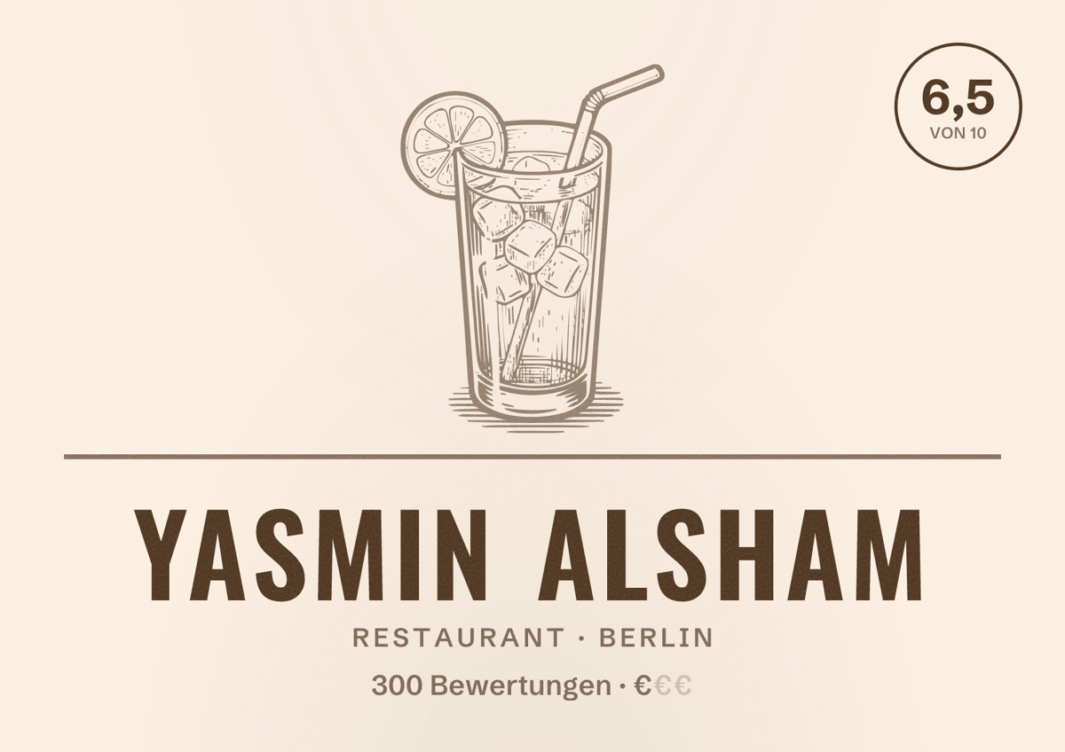 Illustriertes Poster von Yasmin Alsham, Restaurant in Berlin: Bewertung 6,5 von 10 aus 300 Bewertungen, Preisniveau €