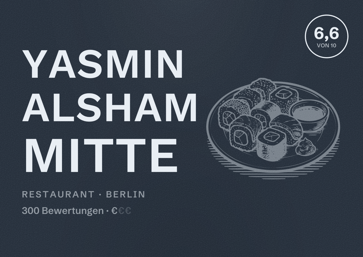 Illustriertes Poster von Yasmin Alsham Mitte, Restaurant in Berlin: Bewertung 6,6 von 10 aus 300 Bewertungen, Preisniveau €