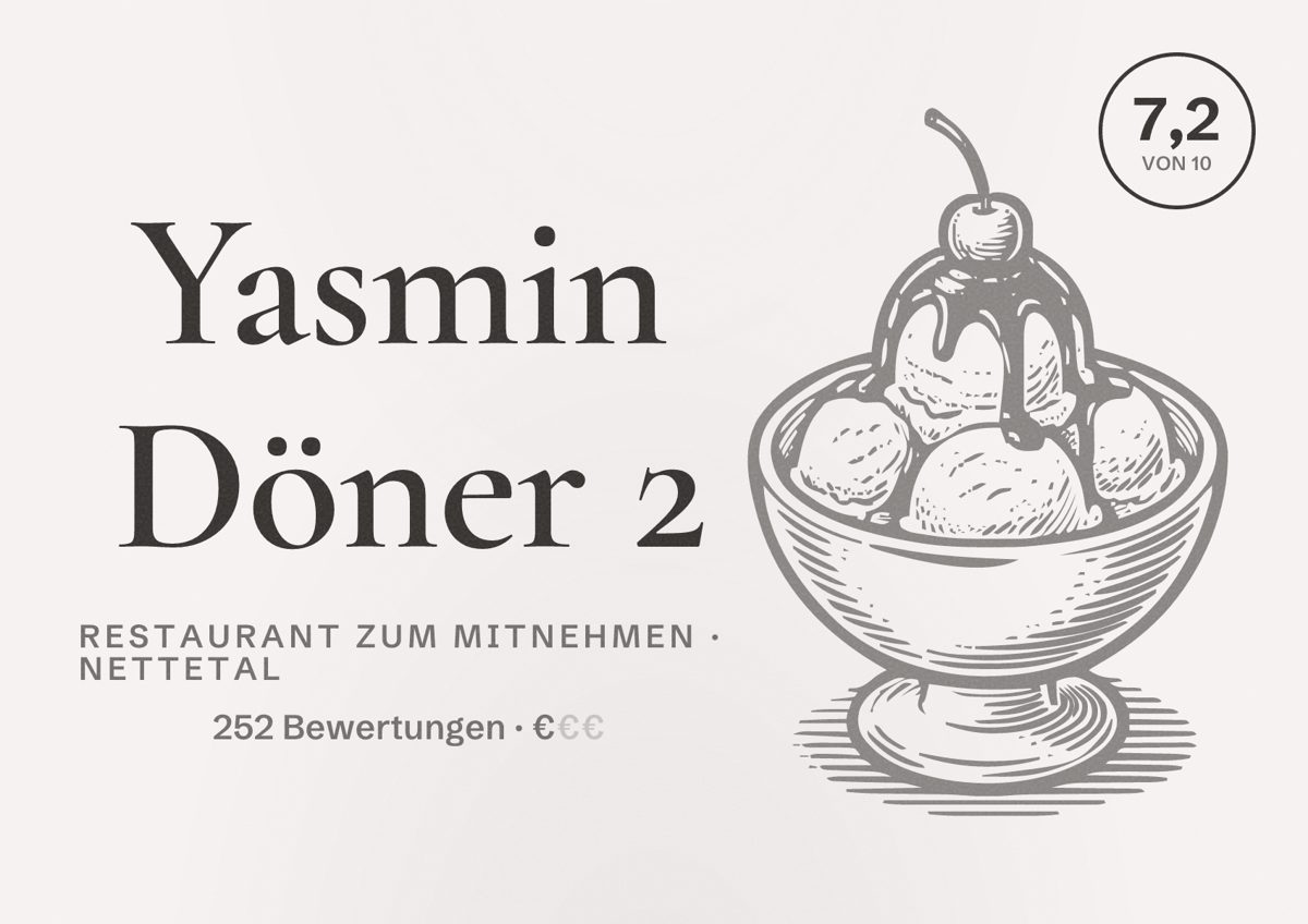 Illustriertes Poster von Yasmin Döner 2, Restaurant zum Mitnehmen in Nettetal: Bewertung 7,2 von 10 aus 252 Bewertungen, Preisniveau €