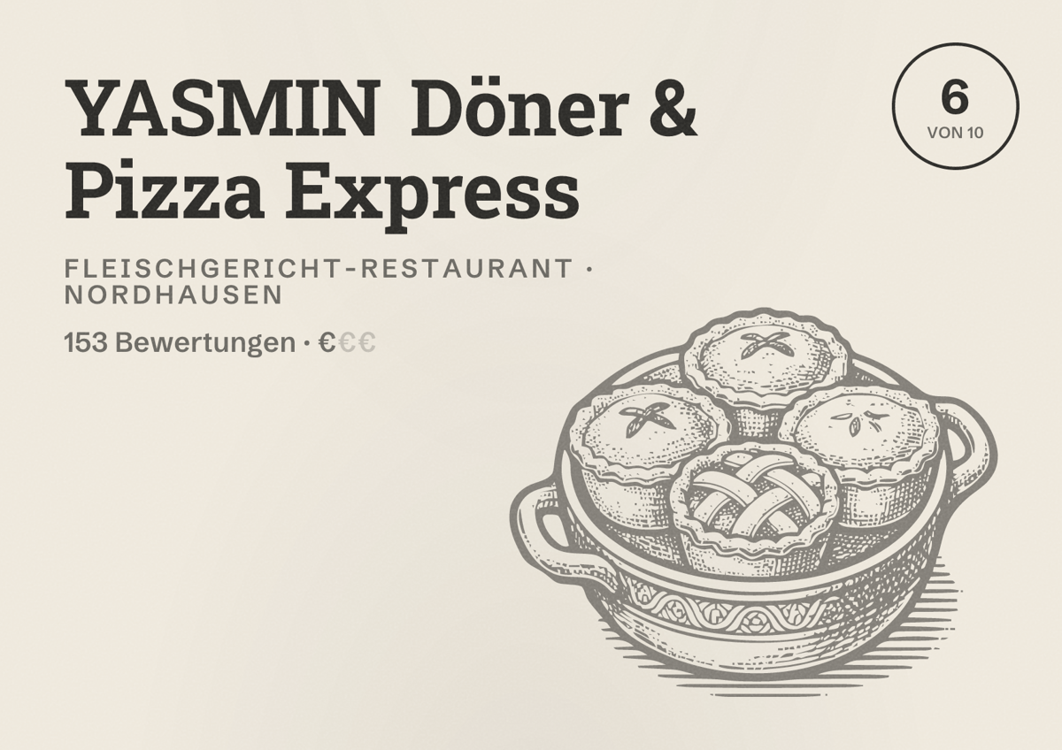 Illustriertes Poster von YASMIN Döner & Pizza Express, Fleischgericht-Restaurant in Nordhausen: Bewertung 6 von 10 aus 153 Bewertungen, Preisniveau €