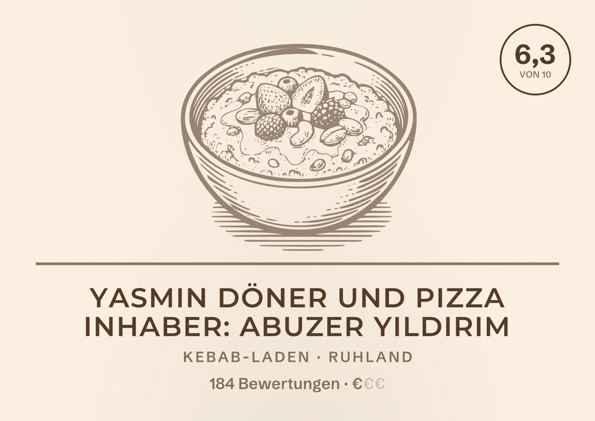 Illustriertes Poster von Yasmin Döner und Pizza Inhaber: Abuzer Yildirim, Kebab-Laden in Ruhland: Bewertung 6,3 von 10 aus 184 Bewertungen, Preisniveau €