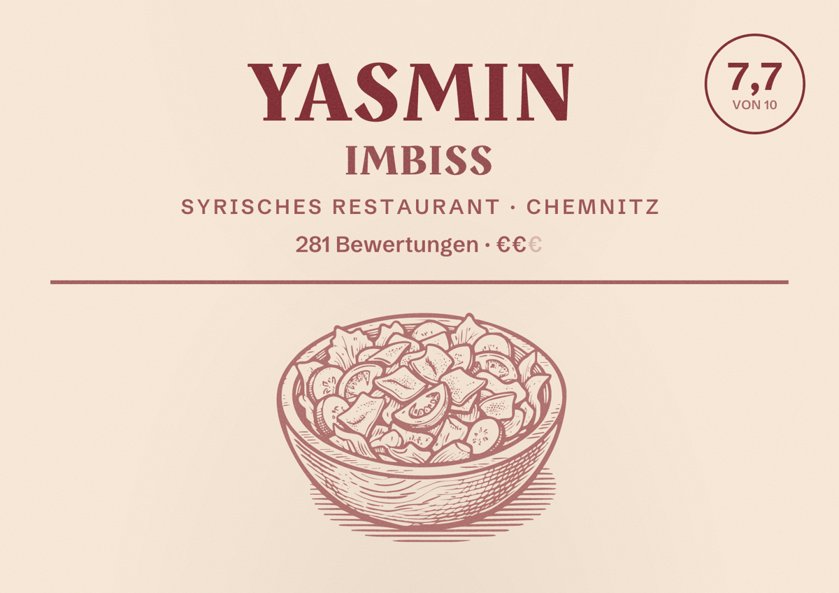 Illustriertes Poster von Yasmin Imbiss, Syrisches Restaurant in Chemnitz: Bewertung 7,7 von 10 aus 281 Bewertungen, Preisniveau €€